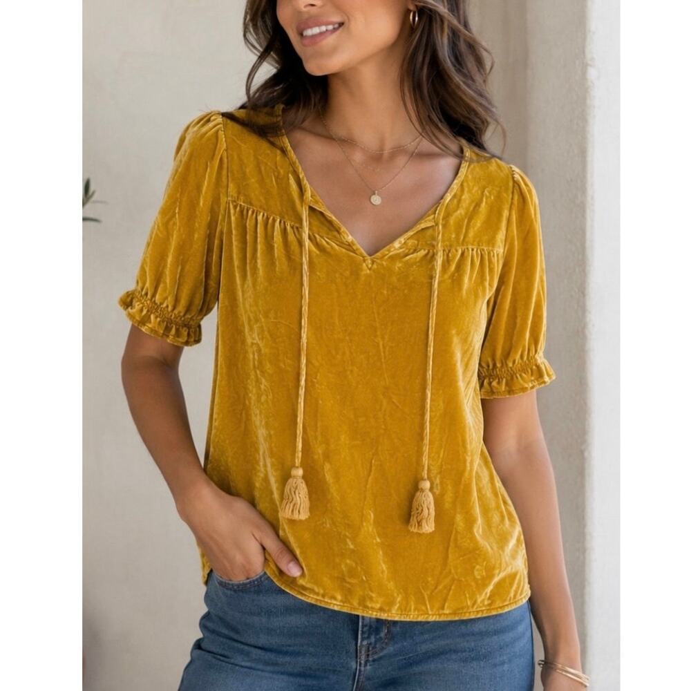 Sundance Velvet Blouse XS Mustard Gold Silk Rayon Boho Tassel Peasant Top